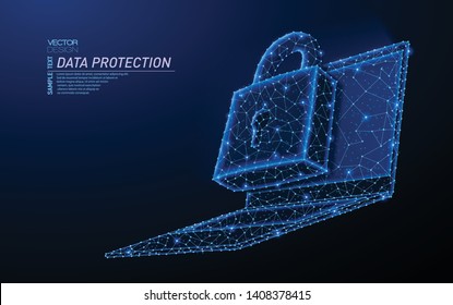 Abstract polygonal light design of laptop with lock. Business low poly mesh spheres from flying debris. Data protect and security or safe concept. Blue lines style vector illustration.