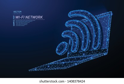 Abstract polygonal light design of laptop with wi-fi wave. Business mesh spheres from flying debris. Device network connection concept. Blue lines, dots structure style vector 3D illustration.