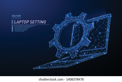 Abstract polygonal light design of laptop with cog gears. Business mesh spheres from flying debris. Laptop setting parameters concept. Blue lines, dots structure style vector 3D illustration.