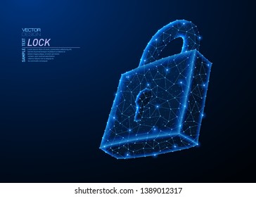 Abstract polygonal light design of lock symbol. Business low poly wireframe mesh from flying debris. Cyber security or safe concept. Blue lines, dots structure style vector 3D illustration.