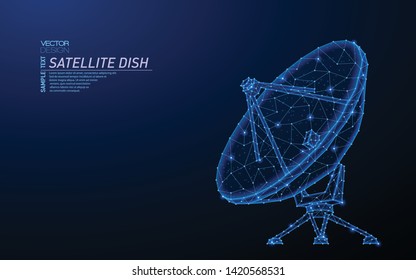 Abstract polygonal light design of satellite dish. Business low poly wireframe mesh from flying debris. Radar station signal concept. Blue lines, dots structure style vector 3D illustration.