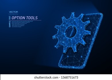 Abstract polygonal light design of smartphone with cog gear. Business mesh spheres from flying debris. Tools option concept. Blue lines, dots structure style vector 3D illustration.