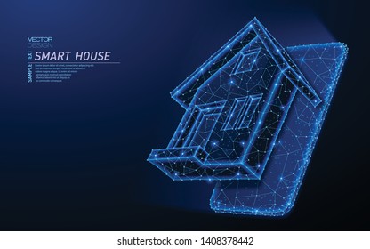 Abstract polygonal light design of smartphone with house building symbol. Business low poly mesh spheres from flying debris. Smart house concept. Blue lines style vector  illustration.