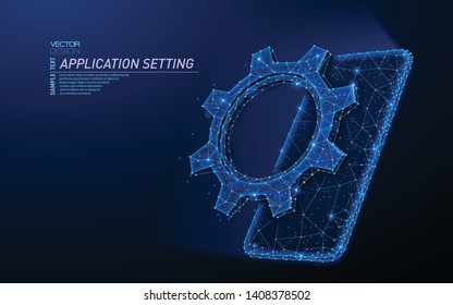 Abstract polygonal light design of smartphone with cog gear. Business mesh spheres from flying debris. Application setting concept. Blue lines, dots structure style vector 3D illustration.