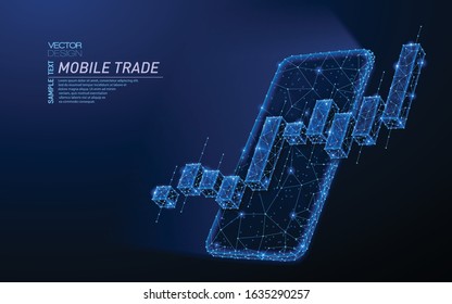 Abstract polygonal light design of smartphone, stock market investment chart. Business mesh spheres from flying debris. Mobile trade concept. Blue lines, dots structure style vector 3D illustration.