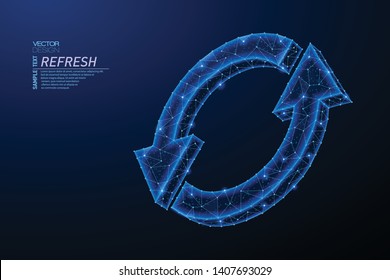 Abstract polygonal light design of Synchronization symbol. Business low poly wireframe mesh from flying debris. Sync or update concept. Blue lines, dots structure style vector 3D illustration.