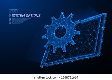 Abstract polygonal light design of tablet with cog gear. Business mesh spheres from flying debris. Tablet system option concept. Blue lines, dots structure style vector 3D illustration.
