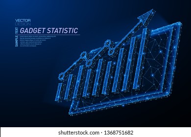 Abstract polygonal light design of tablet with arrow growth chart. Business mesh spheres from flying debris. Gadget statistic concept. Blue lines, dots structure style vector 3D illustration.