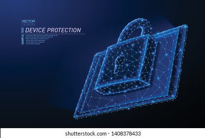 Abstract polygonal light design of tablet with lock. Business low poly mesh spheres from flying debris. Device online protect and security, safe concept. Blue lines style vector illustration.