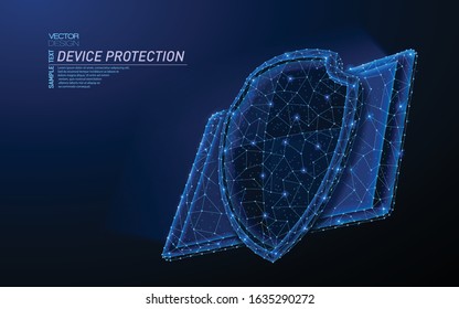 Abstract polygonal light design of tablet protection shield. Business low poly mesh spheres from flying debris. Device online protect and security, safe concept. Blue lines style vector illustration.