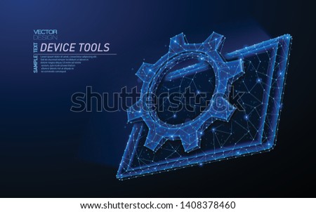 Abstract polygonal light design of tablet with cog gear. Business mesh spheres from flying debris. Tablet device tools concept. Blue lines, dots structure style vector 3D illustration.