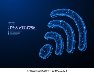 Abstract polygonal light design of wi-fi wave symbol. Business low poly wireframe mesh from flying debris. Wifi signal connection concept. Blue lines, dots structure style vector 3D illustration.