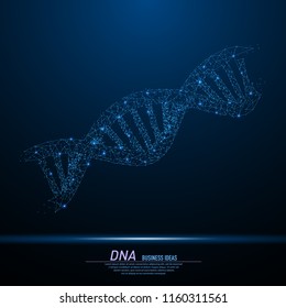 Abstract polygonal light of DNA chain structure. Business wireframe mesh spheres from flying debris. Genetic research concept. Blue structure style vector illustration with geometry triangles.