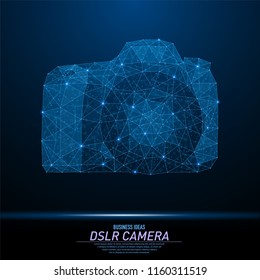 Abstract polygonal light of DSLR camera. Business wireframe mesh spheres from flying debris. Photographer and videographer concept. Blue structure style vector illustration with geometry triangles.