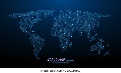 Abstract polygonal light Earth world map. Business wireframe mesh spheres from flying debris. Comunication concept. Blue structure style vector illustration.