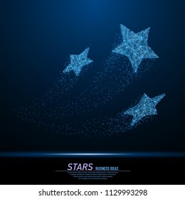 Abstract polygonal light, fly up star with trail. Business wireframe mesh spheres from flying debris. Success, shooting stat, best, Christmas concept. Blue structure style vector illustration.