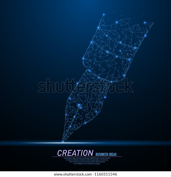 Abstract polygonal light of fountain writing\
pen. Business wireframe mesh spheres from flying debris. Signing a\
deal concept. Blue structure style vector illustration with\
geometry triangles.