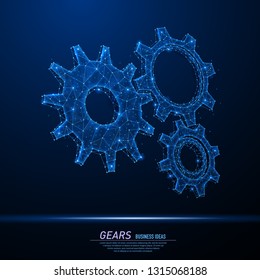 Abstract polygonal light of Gears. Business wireframe mesh spheres from flying debris. Mechanical technology machine engineering, engine work, concept. Blue structure style vector illustration.