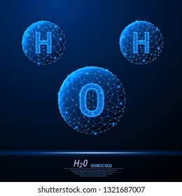 Abstract polygonal light of H2O molecules. Business wireframe mesh spheres from flying debris. Chemical formula of water drops H2O concept. Blue structure style vector illustration.