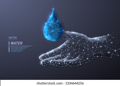Abstract polygonal light of hands holding drop. Business wireframe mesh spheres from flying debris. Water care concept. Blue structure style vector illustration.