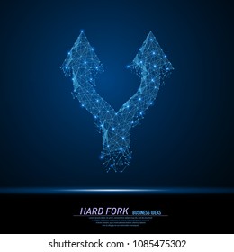 Abstract polygonal light Hard fork arrow sign. Business wireframe mesh spheres from flying debris. Crypto currency or bitcoin mining concept. Blue structure style vector illustration.
