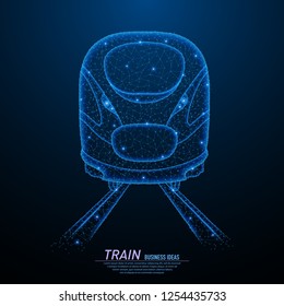 Abstract polygonal light of high-speed commuter passenger train, front veiw. Business wireframe mesh spheres from flying debris. Travel concept. Blue structure style vector illustration.