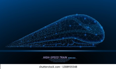 Abstract polygonal light of high-speed commuter passenger train, perspective veiw. Business wireframe mesh spheres from flying debris. Travel concept. Blue structure style vector illustration.