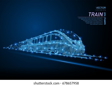 Abstract polygonal light high-speed commuter passenger train. Business wireframe mesh spheres from flying debris. Traveling concept. Blue structure style vector illustration.