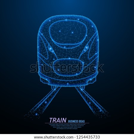 Abstract polygonal light of high-speed commuter passenger train, front veiw. Business wireframe mesh spheres from flying debris. Travel concept. Blue structure style vector illustration.