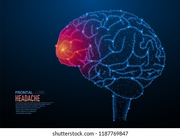 Abstract Polygonal Light Of Human Brain Inflammation. Business Wireframe Mesh Spheres From Flying Debris. Headache Concept. Blue Structure Style Vector Illustration With Geometry Triangles.