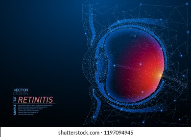Abstract polygonal light of human eye anatomy. Business wireframe mesh spheres from flying debris. Retinitis concept. Blue structure style vector illustration with geometry triangles.