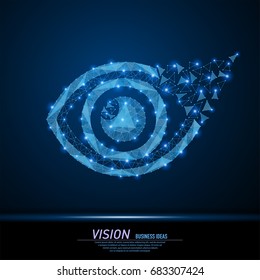 Abstract polygonal light human eye sign. Business wireframe mesh spheres from flying debris. Digital vision, security technology and surveillance concept. Blue structure style vector illustration.