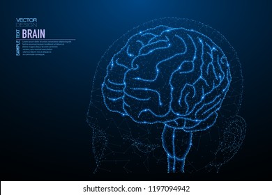 Abstract polygonal light of human head brain structure. Business wireframe mesh spheres from flying debris. Neural network concept. Blue structure style vector illustration with geometry triangles.