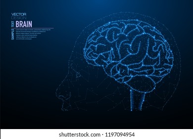 Abstraktes polygonales Licht der Struktur des menschlichen Kopfes. Business Wireframe Maschendraht Kugeln aus fliegenden Trümmern.Neuronales Netzkonzept. Blaue strukturartige Vektorgrafik mit geometrischen Dreiecken.