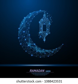 Abstract polygonal light image of a Arabic Moon and lantern. Wireframe mesh spheres from flying debris. Ramadan Kareem concept. Blue structure style vector illustration.