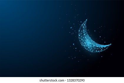 Abstract polygonal light image of a Arabic Moon . Wireframe mesh spheres from flying debris. Ramadan Kareem concept. Arabic, islamic, muslim, ramadan design