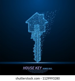 Abstract polygonal light key in form of house. Business wireframe mesh spheres from flying debris. Security, success, solution concept. Blue structure style vector illustration.