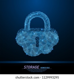Abstract polygonal light lock in form of cloud. Business wireframe mesh spheres from flying debris. Cloud storage protection concept. Blue structure style vector illustration.