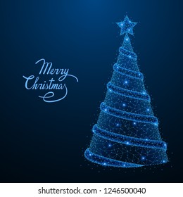 Abstract polygonal light of Low poly Christmas tree with cone structure. Business wireframe mesh spheres from flying debris. New year holiday concept. Blue structure style vector illustration.