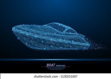 Abstract polygonal light luxury motor boat. Business wireframe mesh spheres from flying debris. Motor yacht in navigation concept. Blue structure style vector illustration.