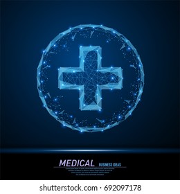 Abstract polygonal light medical cross sign. Business wireframe mesh spheres from flying debris. Health care concept. Blue structure style vector illustration.