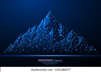 Abstract polygonal light of mountains. Business wireframe mesh spheres from flying debris. Climbing route to top rock concept. Blue structure style vector illustration.