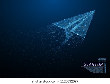 Abstract polygonal light origami paper airplane. Business wireframe mesh spheres from flying debris. Travel, freedom and aviation or business concept. Blue structure style vector illustration.