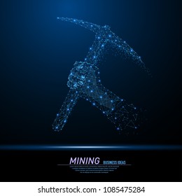 Abstract polygonal light pickaxe sign. Business wireframe mesh spheres from flying debris. Crypto currency or bitcoin mining concept. Blue structure style vector illustration.