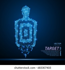 Abstract polygonal light shot target shooting range sign. Business wireframe mesh spheres from flying debris. Achieving the goal concept. Blue structure style
