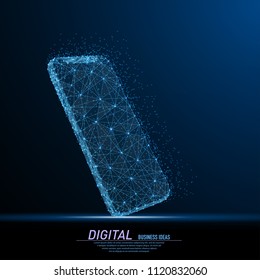 Abstract polygonal light smartphone. Business wireframe mesh spheres from flying debris. Communication business concept. Blue structure style vector illustration.