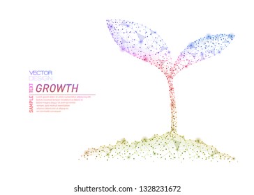 Abstract polygonal light of sprout from earth. Business wireframe mesh spheres from flying debris. Plant growing concept. Colorful structure style vector illustration on white.