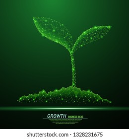 Abstract polygonal light of sprout from earth. Business wireframe mesh spheres from flying debris. Plant growing concept. Green structure style raster illustration.