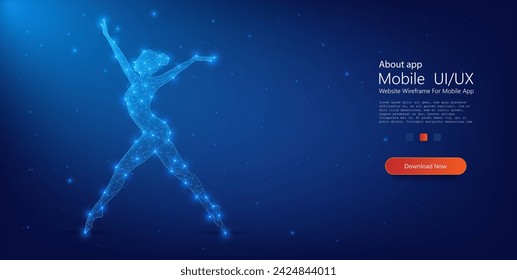 Una estructura de luz abstracta y poligonal de una bailarina bailando, lo que significa gracia e innovación digital en el arte. Bailarina digital elegante en movimiento - Arte de tecnología abstracta. Ilustración vectorial