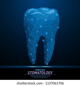 Abstract polygonal light tooth silhouette. Business wireframe mesh spheres from flying debris. Stomatology dental concept. Blue structure style vector illustration.